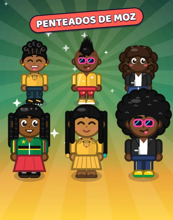 Bonecos com penteados de Moçambique: rastas, tranças nagô, box braids e Jimi
